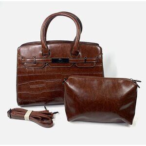 VK Vernika Vegan Croc Embossed Satchel & Pouchette Set Caramel Brown Like New